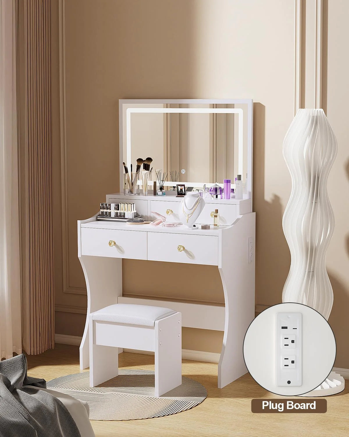 Makeup Table with Extra Large Mirror and Lights, 80cm Dressing Table with Stool1 pcs
