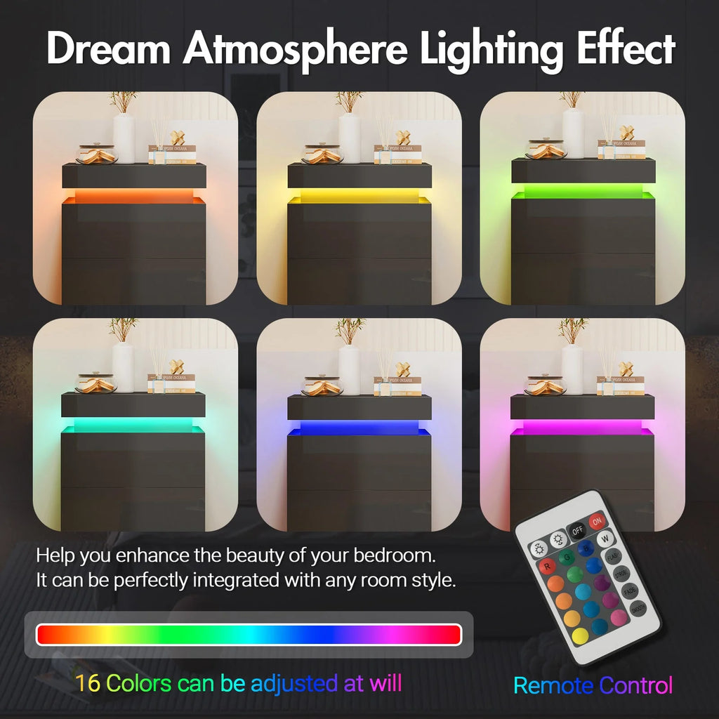 2 Set of Bedside Table 3 Drawers With LED Light