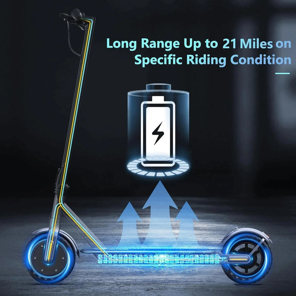 Electric scooter, 350W/500W powerful motor, 8.5"/10" solid rubber tires, 19/22 mph, 28/21/12 mile range, dual brakes