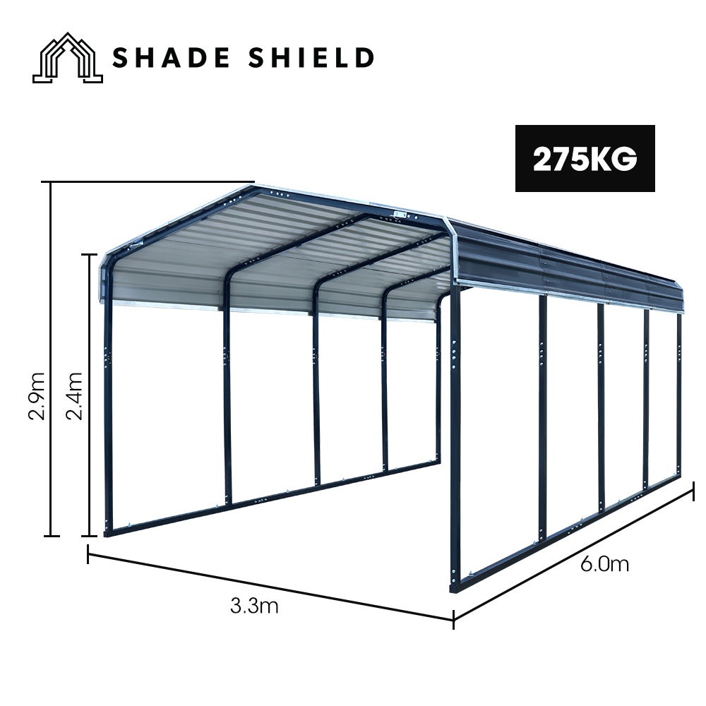 SHADE SHIELD Single Carport Shed 3.3 x 6 x 2.8m, Galvanised Steel Frame, Powder Coated Gable Roof, Shelter for Car Caravan Boat Tractor Agricultural