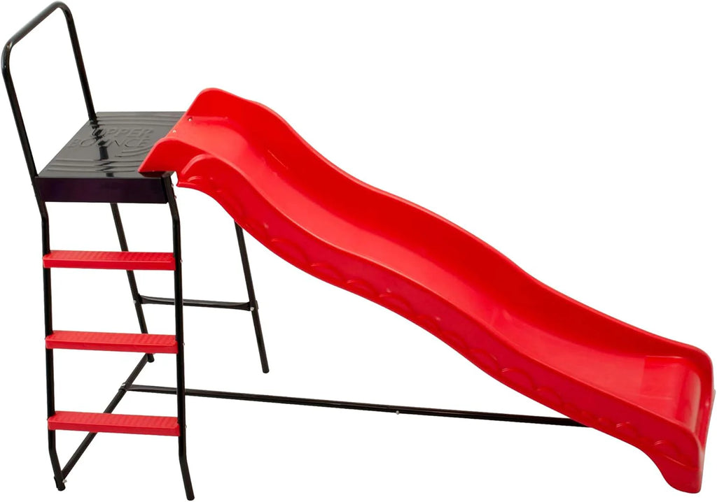 A combination of trampoline ladder and slide with a wide platform; a safe way for children and toddlers to enter and exit the trampoline; suitable for standard round or rectangular trampolines with or without nets; 3-level ladder and slide with a wid
