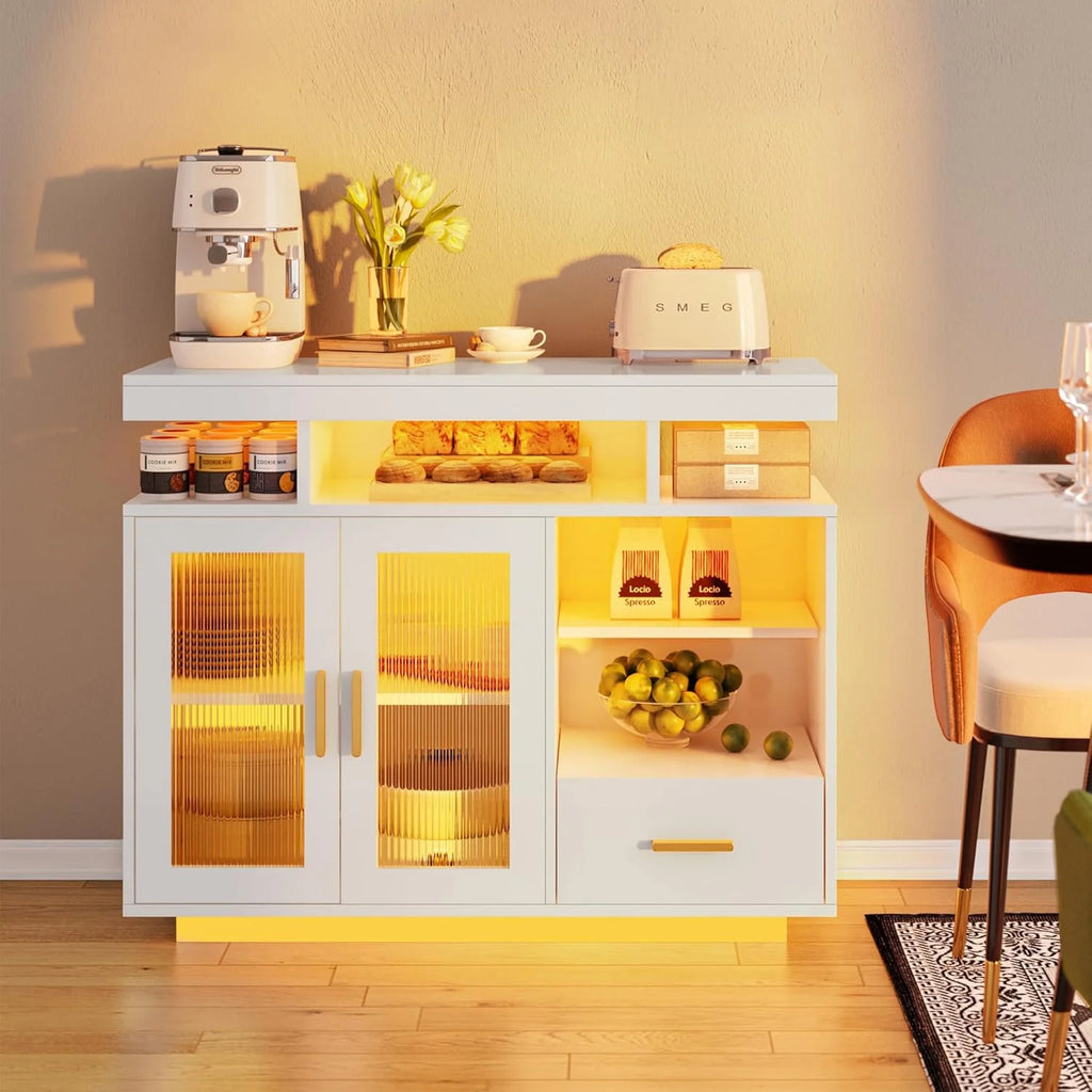39.4" LED Buffet Cabinet,Modern Sideboard Buffet with RGB 24-Color Light Strip,Large Kitchen Storage Cabinet with Storage for Bar, Office,Coffee Bar Cabine with 2 Drawers,10QHXFSC9211-WH-CA1 pcs