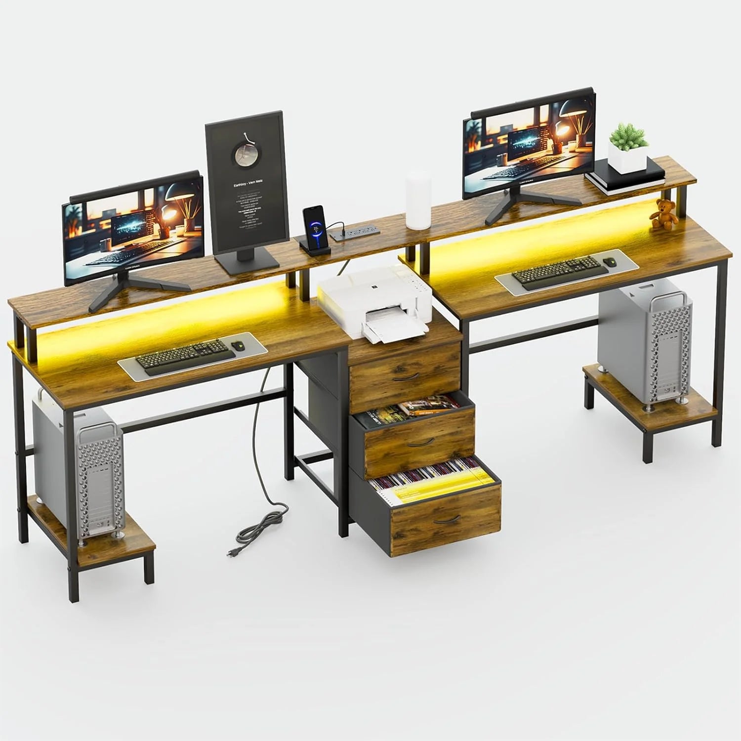 2 Person Desk with LED Lights & Charging Station – Long Desk for 2 with Storage Drawers, Monitor Riser, USB Ports & Outlets – Modern Study Table or Workstation for Home Office1 pcs