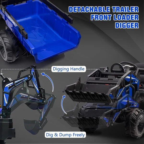 3-in-1 Ride-On Tractor, 24V Electric, Excavator & Bulldozer, Remote Control, LED, Music, USB/Bluetooth max 66 lbs �� Bright-blue