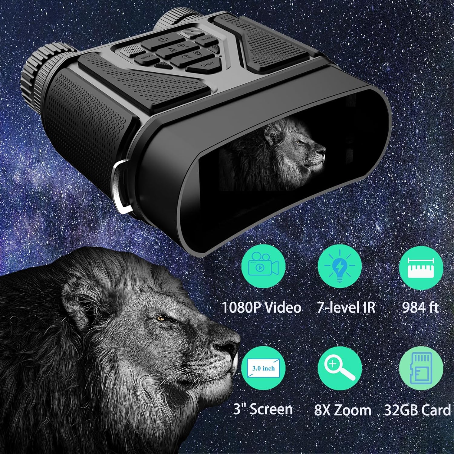 Night Vision Goggles - Night Vision Binoculars for Adults, FHD 1080P Infrared Digital Night Vision with 8X Zoom, 4000mAh Rechargeable Hunting Night Vision with 32GB Card (Black)1 pcs
