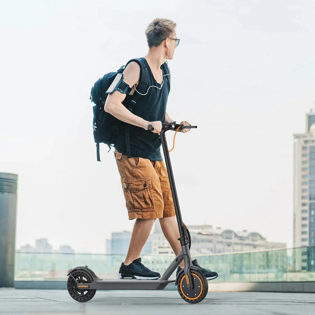 Electric scooter, 350W/500W powerful motor, 8.5"/10" solid rubber tires, 19/22 mph, 28/21/12 mile range, dual brakes
