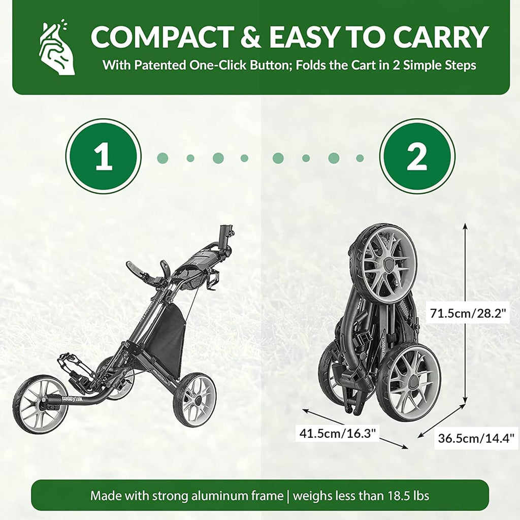 3Wheel Golf Push Cart - Golf Trolley Foldable Collapsible Lightweight Pushcart with Foot Brake - Easy to Open & Close