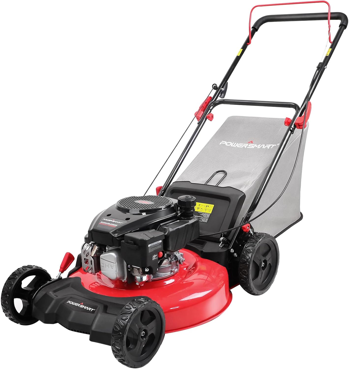 21-inch gas-powered lawn mower, equipped with a 144cc four-stroke all-terrain engine, featuring both crushing and side-discharge functions, with adjustable cutting height ranging from 6 positions.1 pcs
