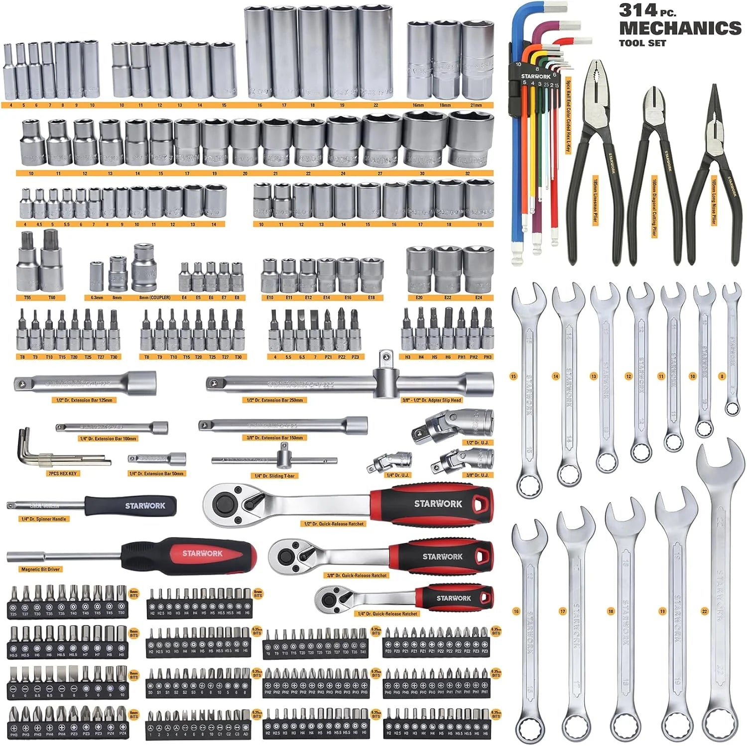 314-Piece Mechanics Tool Set and Socket Set, Professional Metric Set1 pcs