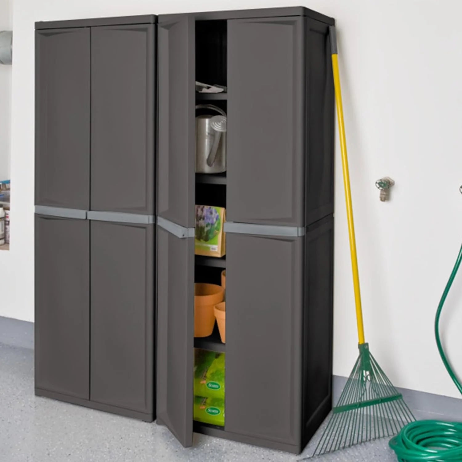 4 Shelf Cabinet, Plastic Organization Storage Unit, Organize Bins in the Garage, Basement, Attic, Mudroom, Gray, 1-Pack1 pcs