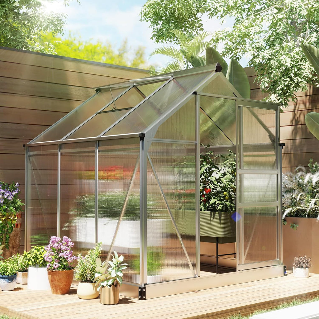 Outsunny 6' x 6' x 6.6' Polycarbonate Greenhouse, Walk-in Green House Kit Garden, Plants Grow, Galvanized Sheet Aluminum Frame with Rain Gutter, Vent and Sliding Door, Grey1 pcs