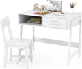 Kids Desk and Chair Set, Wooden Children School Study Table and Chair w/Storage Drawer & Hutch, Student Writing Desk Computer Workstation for Bedroom, Gift for 3+ Years Old (White)1 pcs