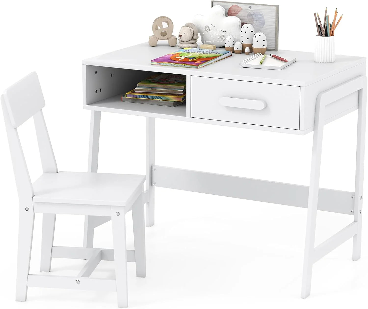 Kids Desk and Chair Set, Wooden Children School Study Table and Chair w/Storage Drawer & Hutch, Student Writing Desk Computer Workstation for Bedroom, Gift for 3+ Years Old (White)1 pcs