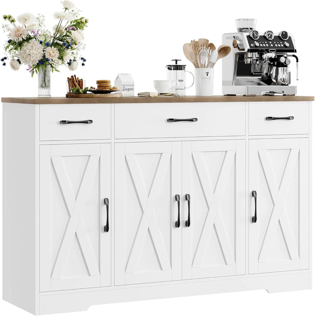 Drawer-equipped buffet-style cabinet, 55-inch large side cabinet-style storage unit with shelves and 4 doors, modern country-style coffee bar-style cabinet, wooden kitchen and dining room storage unit, white/rustic style1 pcs