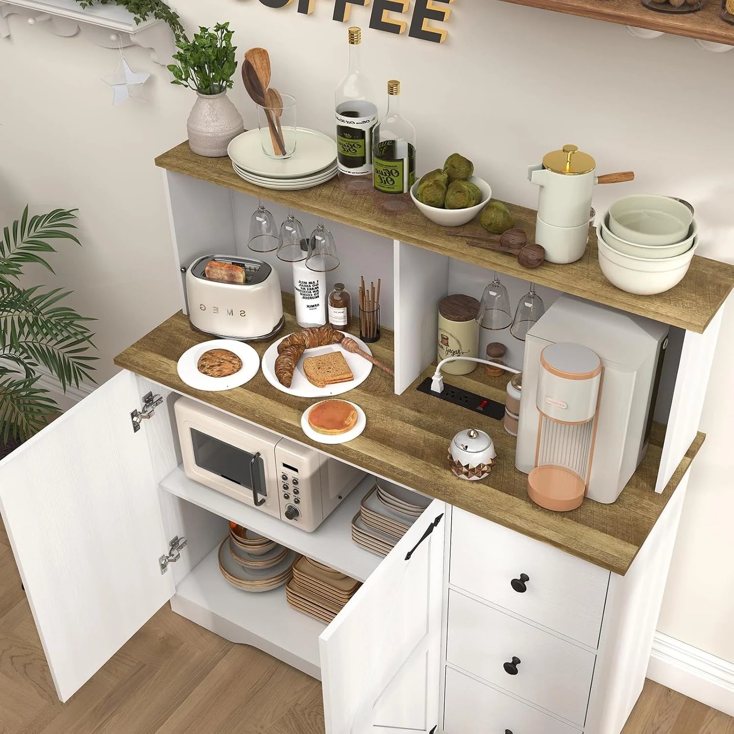 Farmhouse Buffet Cabinet, Coffee Bar with 2 Doors & 3 Drawers, Coffee Bar Cabinet with Power Outlets and Glass Holder, for Dinning Room, Bar, White1 pcs