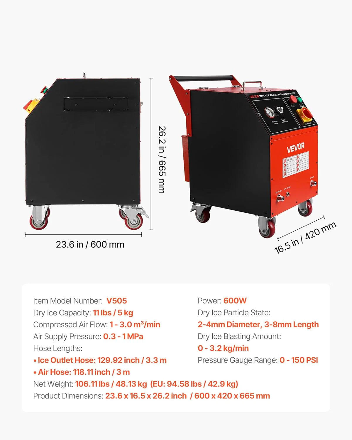 Dry Ice Blasting Machine, 11LBS (5KG) Capacity Dry Ice Cleaning Machine with 4 Nozzles, Adjustable Pressure, Movable Blaster Cleaner for Automotive Ship Aviation Chemical, 120V1 pcs