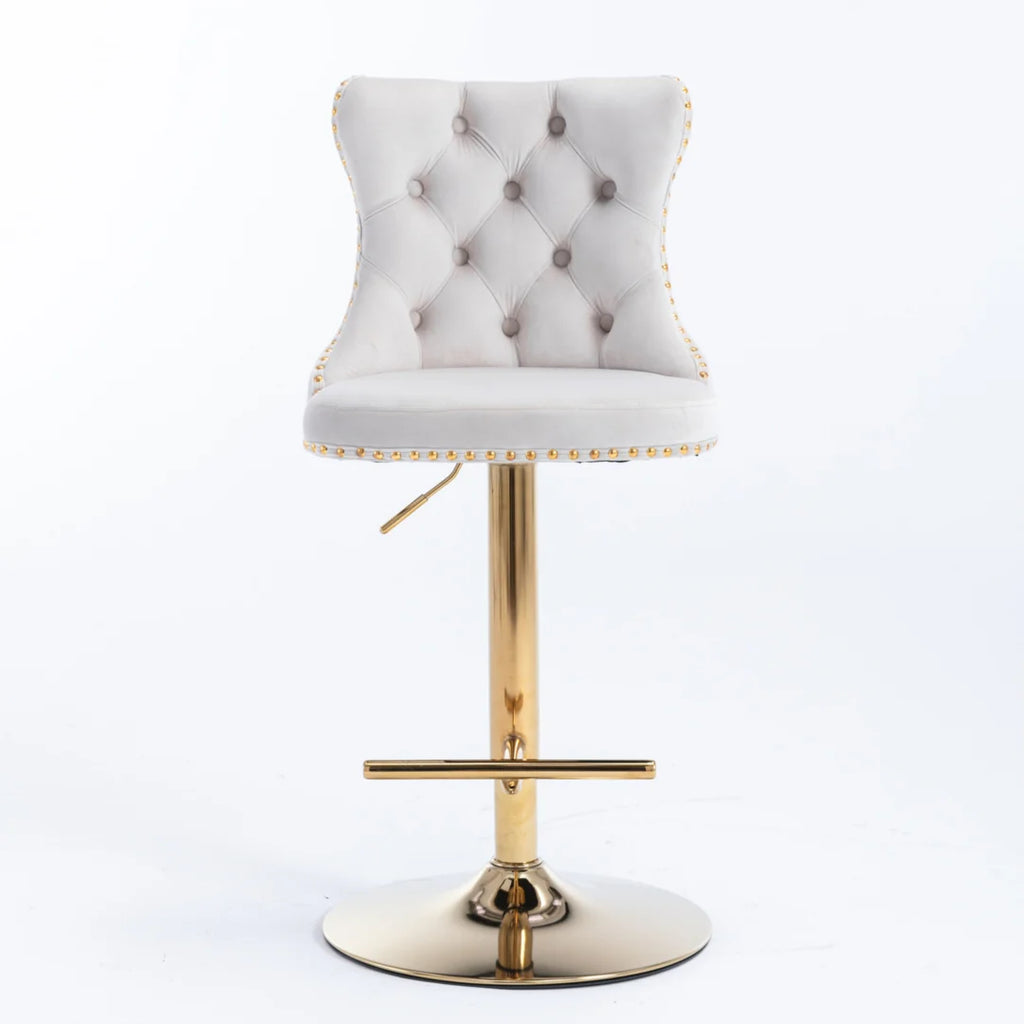 4x Height Adjustable Swivel Bar Stool Velvet Studs Barstool with Footrest and Golden Base- Beige