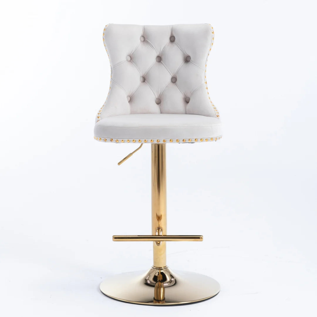 4x Height Adjustable Swivel Bar Stool Velvet Studs Barstool with Footrest and Golden Base- Beige