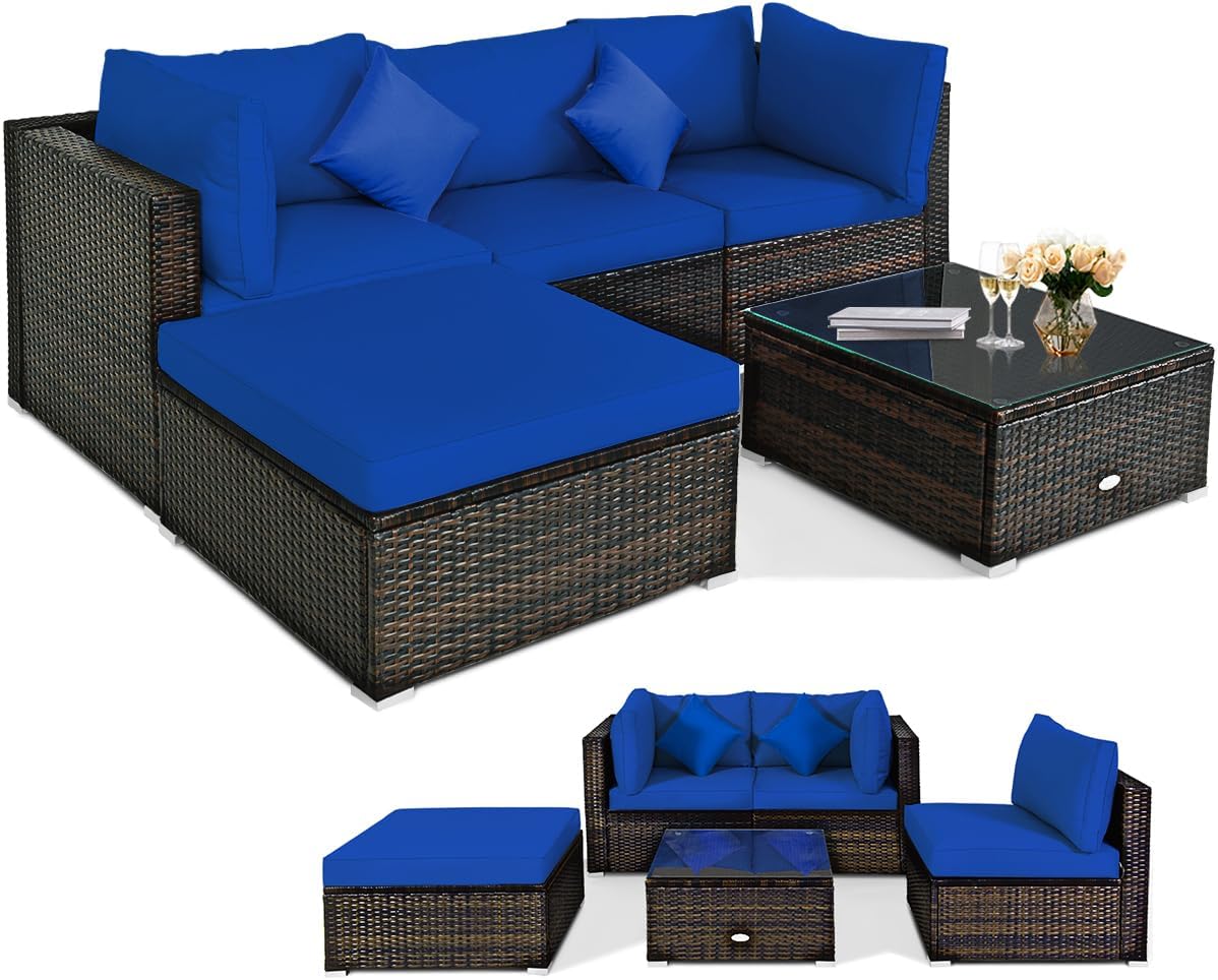 5 pieces of outdoor patio furniture, L-shaped rattan three-seater sofa with tempered glass coffee table, footstool, 3 single chairs, rattan outdoor party set, suitable for backyard, porch, balcony, black version1 pcs