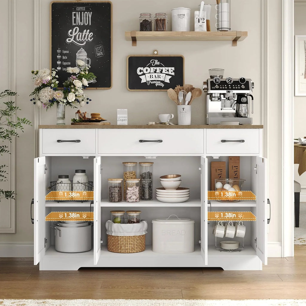 Drawer-equipped buffet-style cabinet, 55-inch large side cabinet-style storage unit with shelves and 4 doors, modern country-style coffee bar-style cabinet, wooden kitchen and dining room storage unit, white/rustic style1 pcs