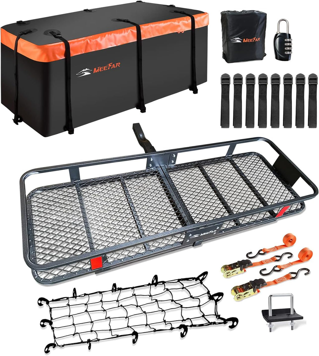 Roof Rack Carrier Basket Universal Rooftop 51" X 36" X 5" + Waterproof Bag 15 Cubic Feet (44" 34" 17"), and Cargo Net with Attachment Hooks, Ratchet Straps1 pcs