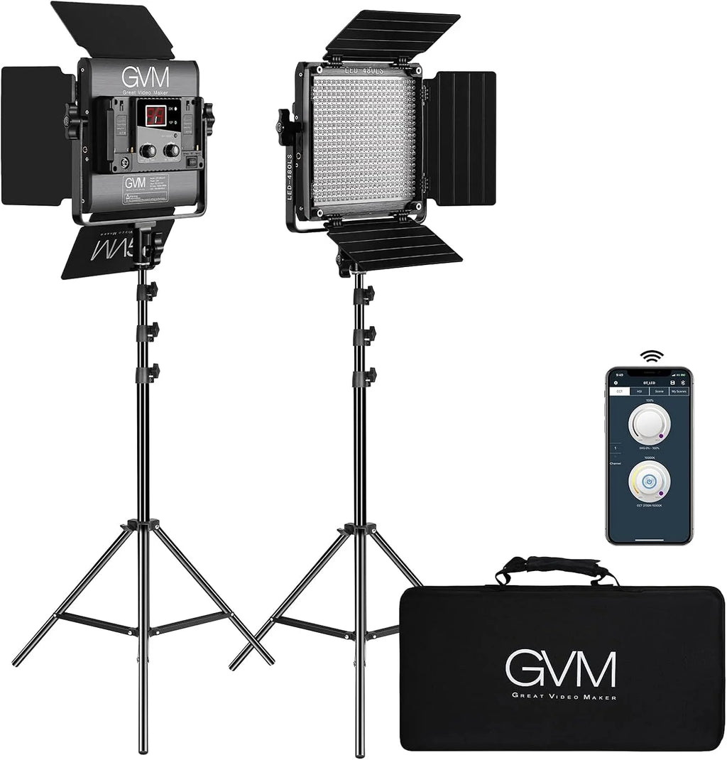 2 Pack LED Video Lighting Kits with APP Control, Bi-Color Variable 2300K~6800K with Digital Display Brightness of 10~100% for Video Photography, CRI97+ TLCI97 Led Video Light Panel +Barndoor1 pcs