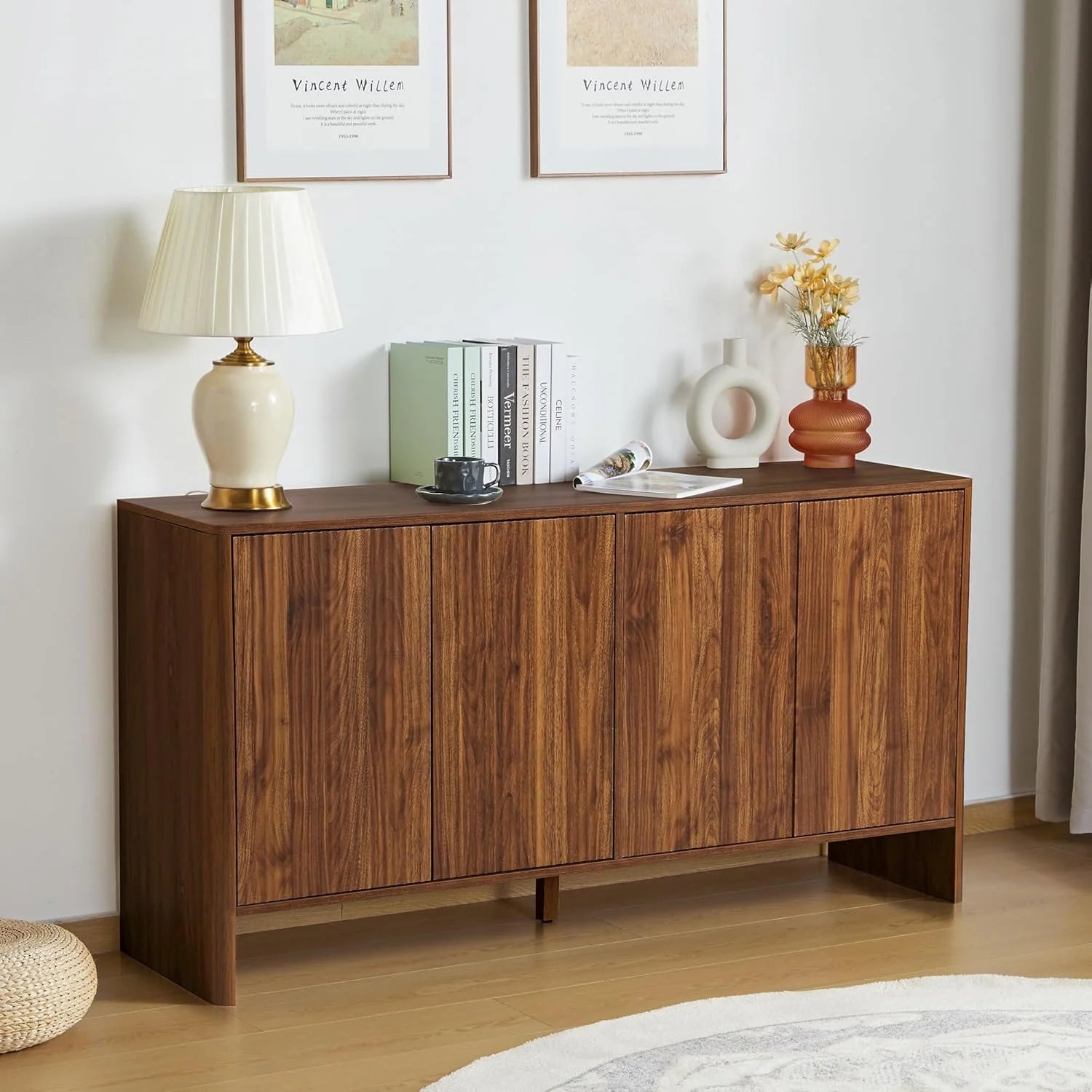 Modern Sideboard Buffet Cabinet Console Table, Accent Storage Cabinet Credenza Buffer Cabinets with 4 Fluted Doors for Kitchen Dining Living Room Entryway (Walnut)1 pcs