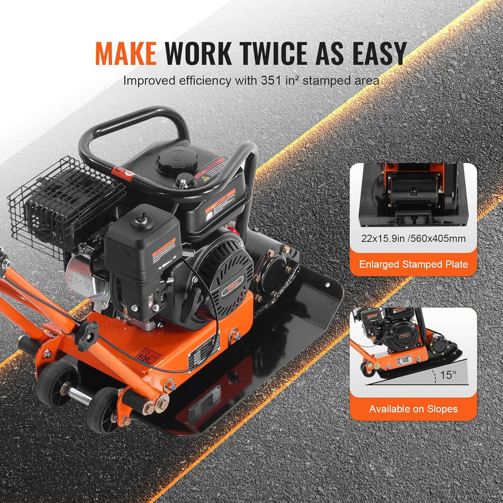 6.5HP Plate Compactor, 196CC Gas Engine, 4200 lbs Vibratory Compaction Tamper, 22.1x15.9 in Plate Power Jumping Jack Tamper, 5600 VPM Pavement Compactor for Walkways, Asphalts, Paver Landscaping1 pcs