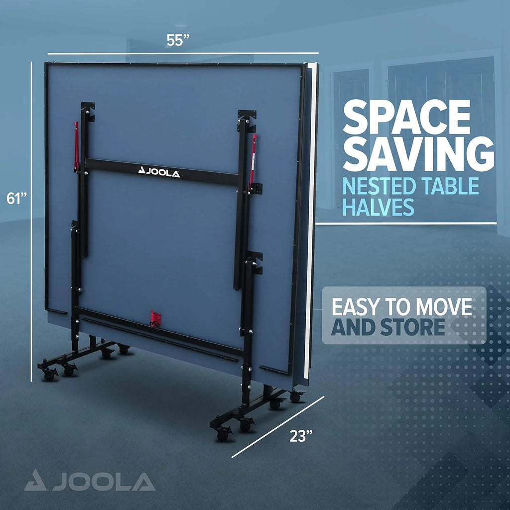 JOOLA Inside Professional MDF Indoor Ping Pong Table with Quick Clamp Table Tennis Net and Post Set - 10 Minute Easy Assembly - Tournament Quality - Foldable with Single Player Playback Mode