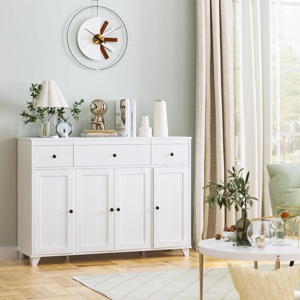 Sideboard Buffet Cabinet with Storage, 47" Kitchen Storage Cabinet with 3 Drawers, 4 Doors & Adjustable Shelves, Modern Coffee Bar Cabinet Wood Accent Cupboard for Dining Living Room, White1 pcs