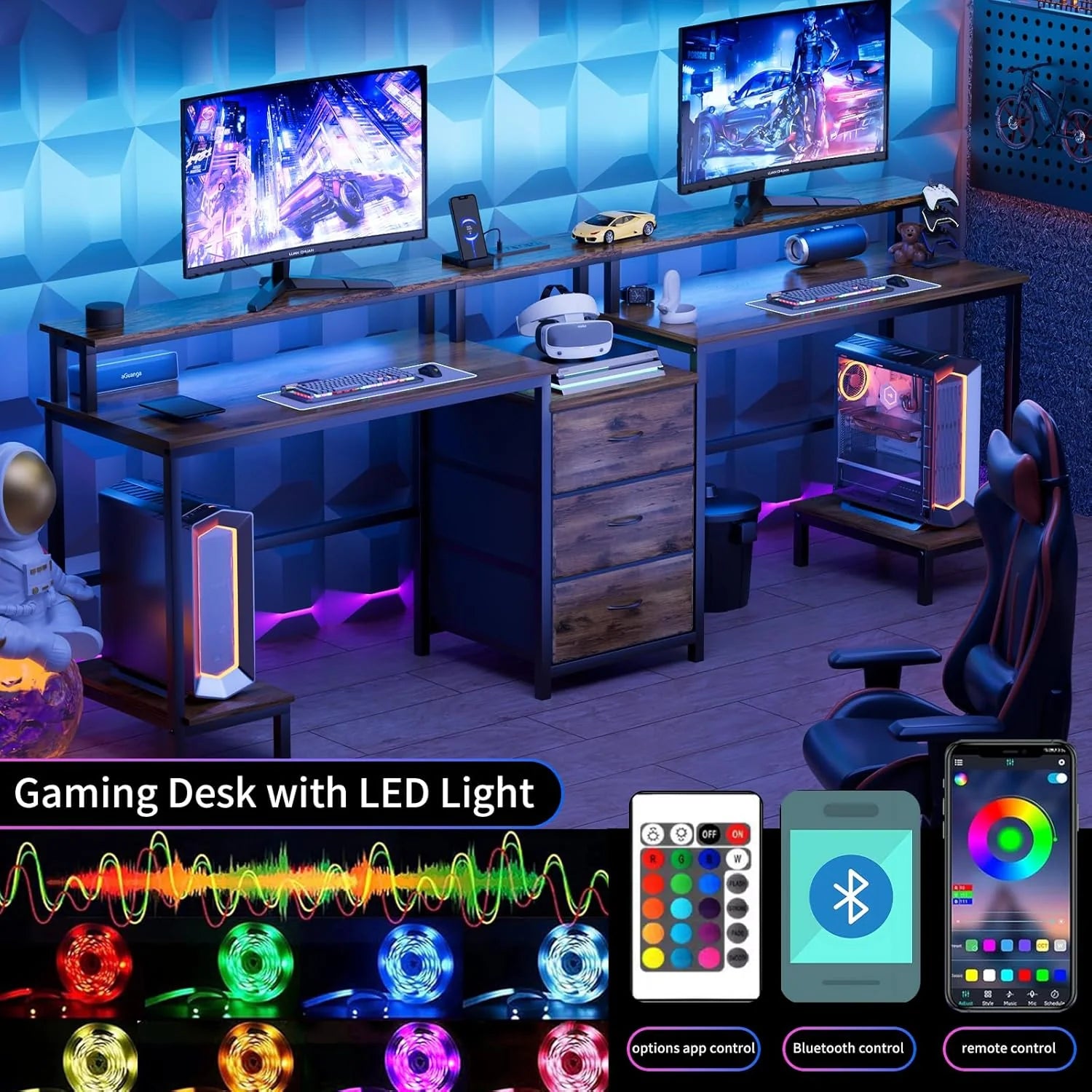 2 Person Desk with LED Lights & Charging Station – Long Desk for 2 with Storage Drawers, Monitor Riser, USB Ports & Outlets – Modern Study Table or Workstation for Home Office1 pcs