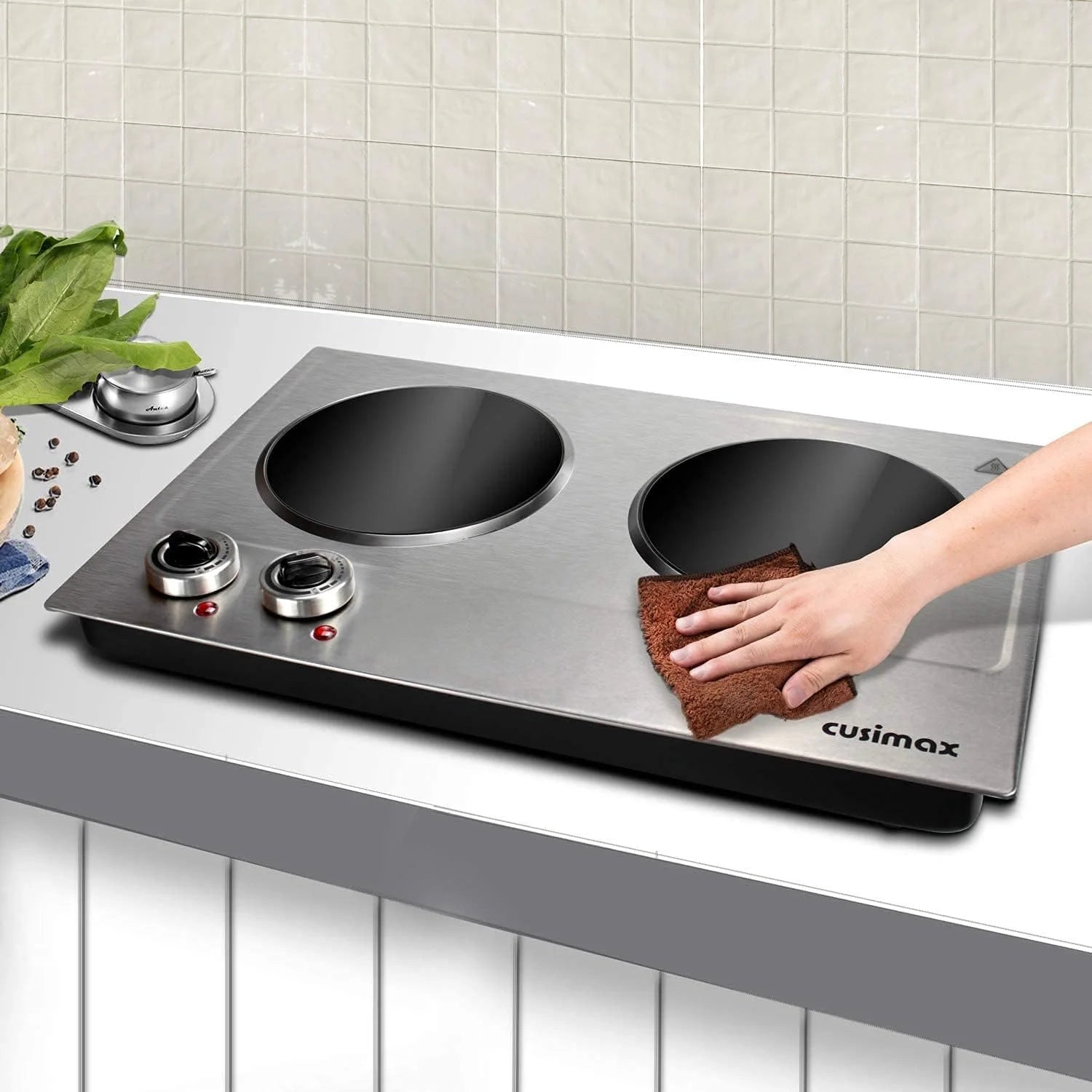 Hot Plate,1800W Ceramic Electric Hot Plate for Cooking, Dual Control Infrared Cooktop, Portable Countertop Burner, Glass Plate Electric Cooktop, Silver, Stainless Steel1 pcs