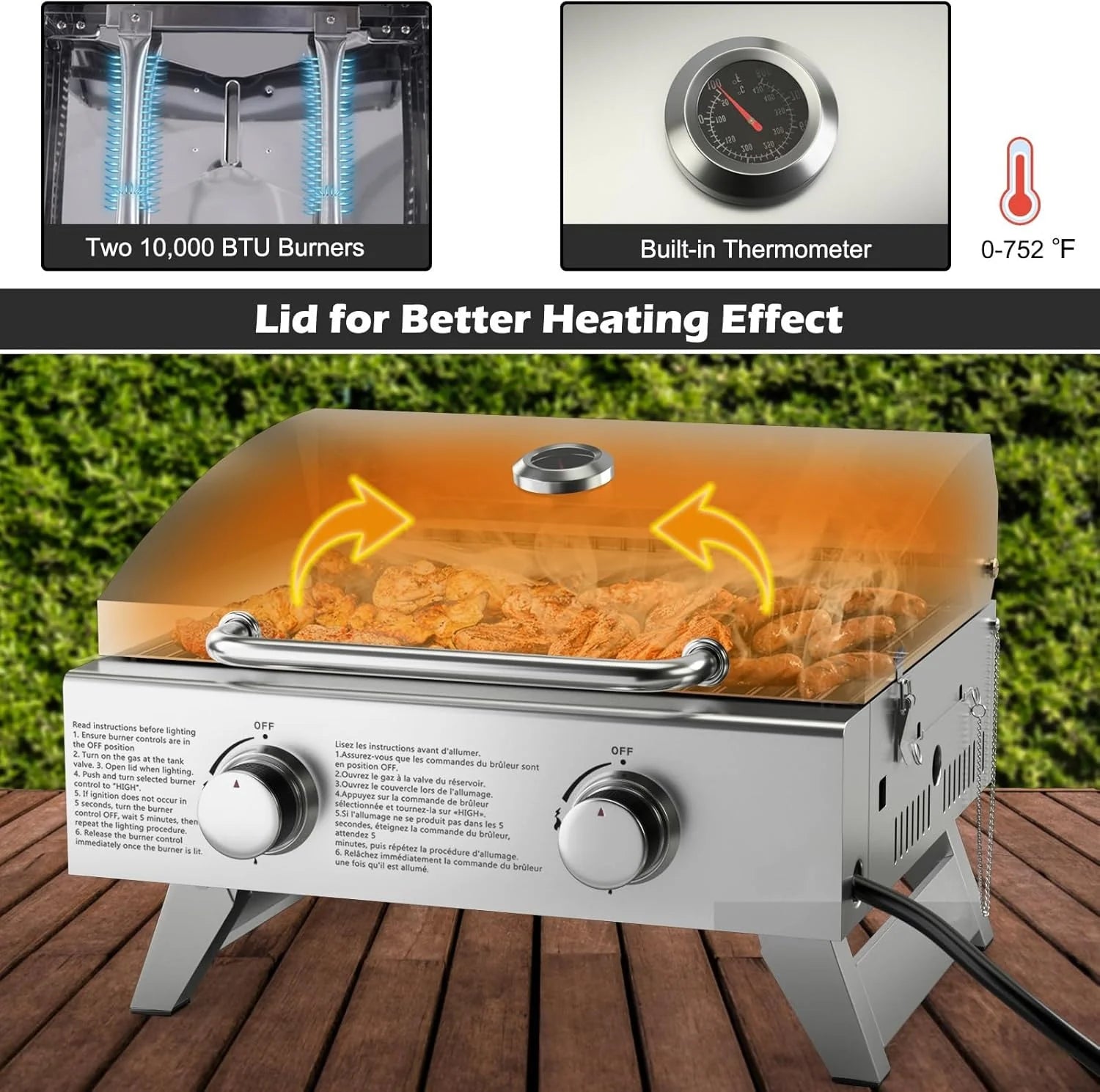 Propane Gas Grill 50,000 BTU, 4 Main Burners, 1 Side Burner, 2 Prep Tables, Stainless Steel Heavy-Duty BBQ Grill with 4 Wheels for Backyard Party Outdoor Cooking1 pcs