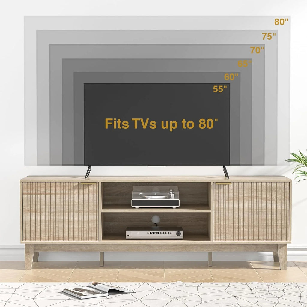 70" TV Stand for Living Room, Fluted Mid-Century Modern TV Console for TVs up to 80 inch, Farmhouse Entertainment Center with 2 Storage, Media Console Table for Living Room, Oak1 pcs