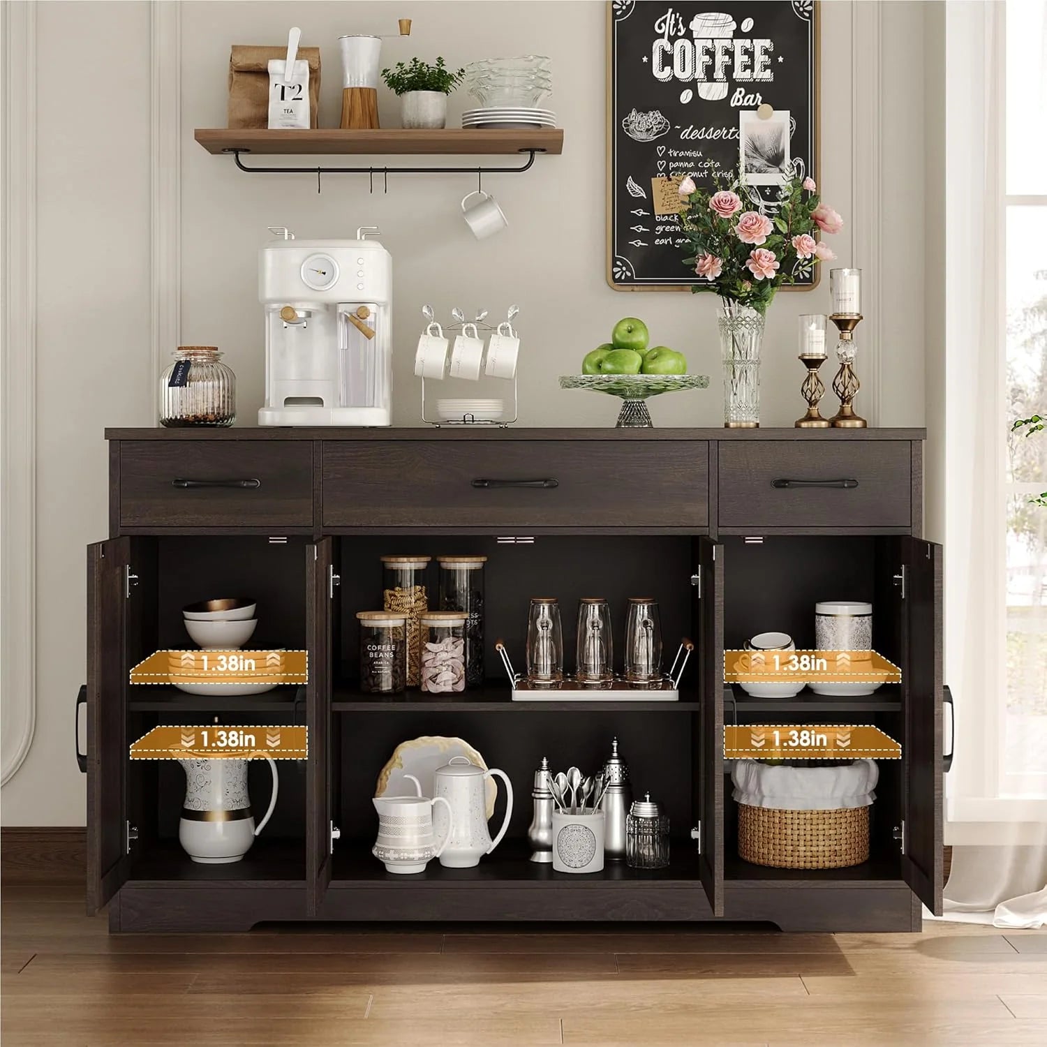 Drawer-equipped buffet-style cabinet, 55-inch large side cabinet-style storage unit with shelves and 4 doors, modern country-style coffee bar-style cabinet, wooden kitchen and dining room storage unit, white/rustic style1 pcs