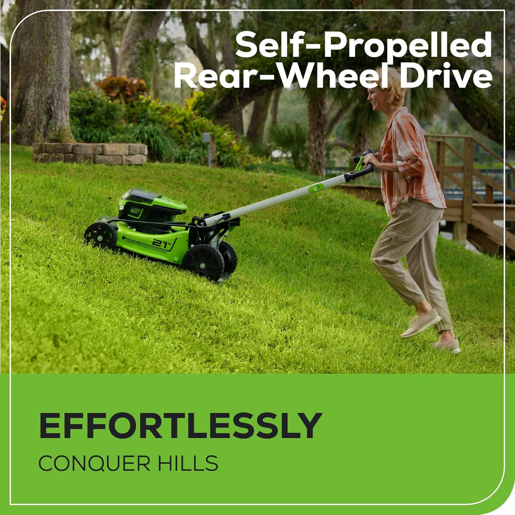 Greenworks 60V 21 Cordless (Self-Propelled) Lawn Mower , 2 x 4.0Ah Batteries and Dual Port Rapid Charger