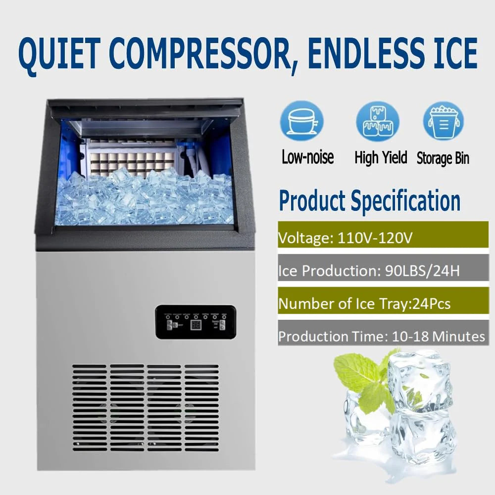 Commercial Ice Maker Machine, 90lbs/24H Ice Maker Machine with 33LBS Storage Bin, Stainless Steel Freestanding Ice Machine, Tap Water & Top Loading Under Counter ice Machine for Restaurant1 pcs