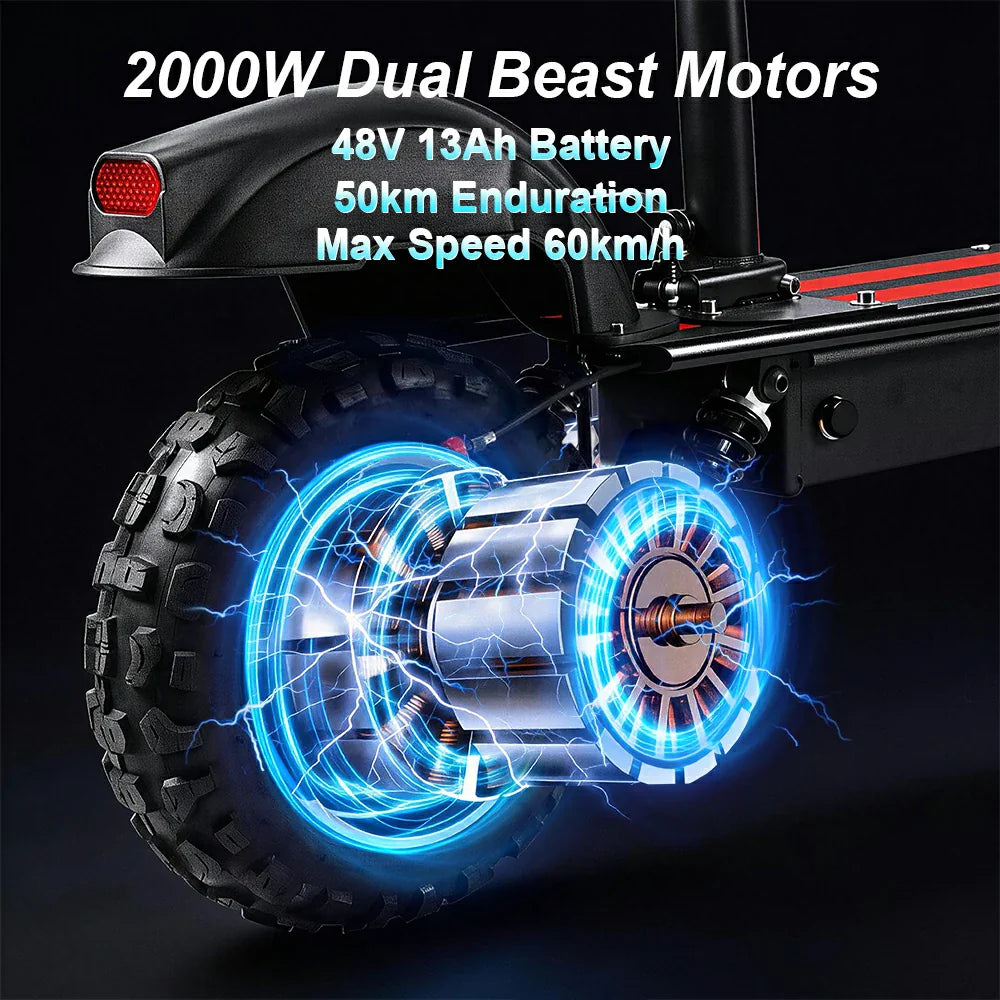 All Terrain Electric Scooter with 2000W Power Motors and 11-Inch Vacuum Tires, 4-mode, Black