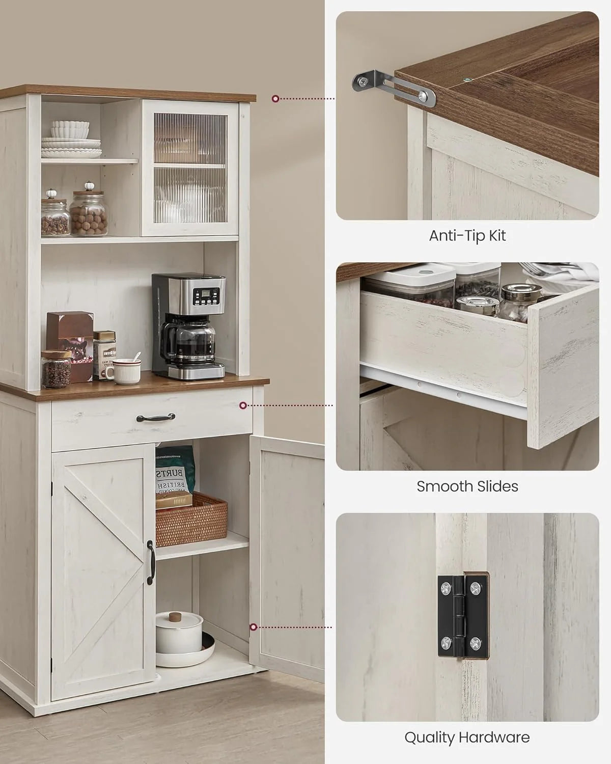 Pantry Cabinet with Lights and Charging Station, Kitchen Storage Cabinet with Doors and Drawer, 39.5 x 80.4 x 180.6 cm, Adjustable Shelves, Farmhouse Style, Rustic White1 pcs