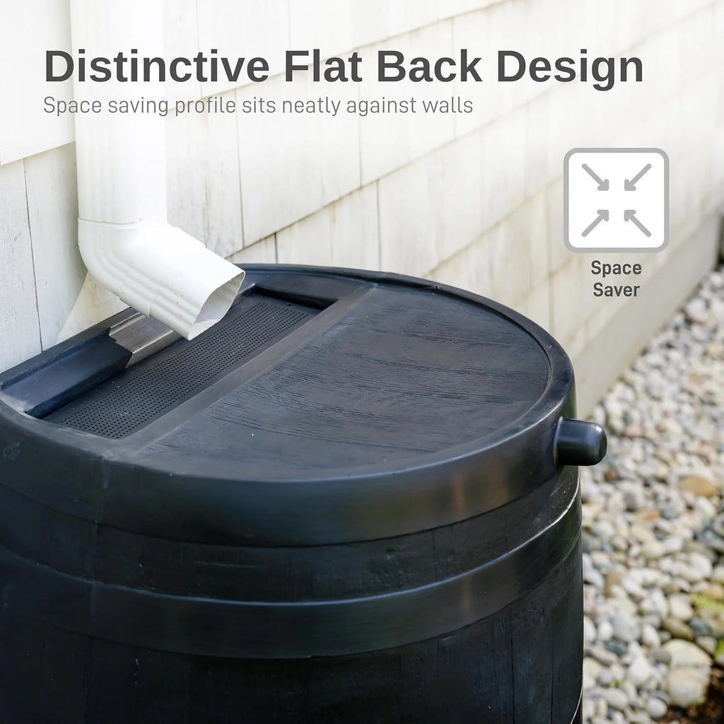 RTS Home Accents 50-Gallon ECO Rain Barrel Made with 100% Recycled Plastic, Flat Back Rain Water Collection Barrel, Black1 pcs