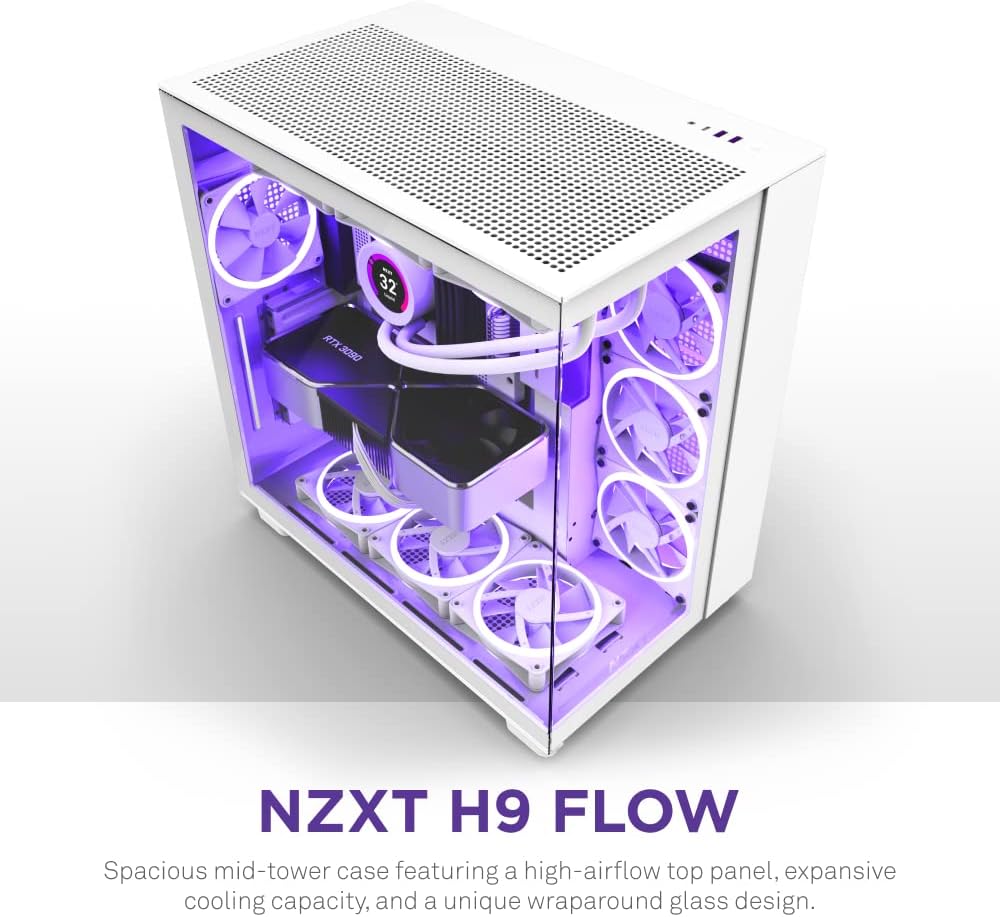 H9 Flow Dual-Chamber ATX Mid-Tower PC Gaming Case – High-Airflow Perforated Top Panel – Tempered Glass Front & Side Panels – 360mm Radiator Support – Cable Management – White1 pcs