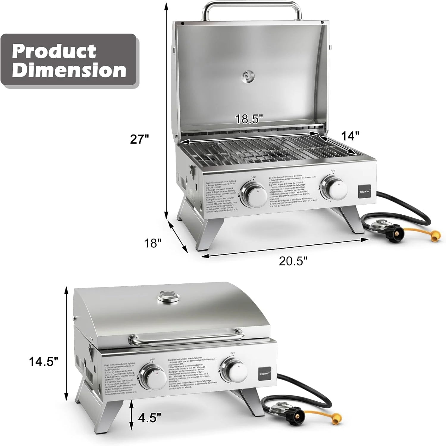 Propane Gas Grill 50,000 BTU, 4 Main Burners, 1 Side Burner, 2 Prep Tables, Stainless Steel Heavy-Duty BBQ Grill with 4 Wheels for Backyard Party Outdoor Cooking1 pcs