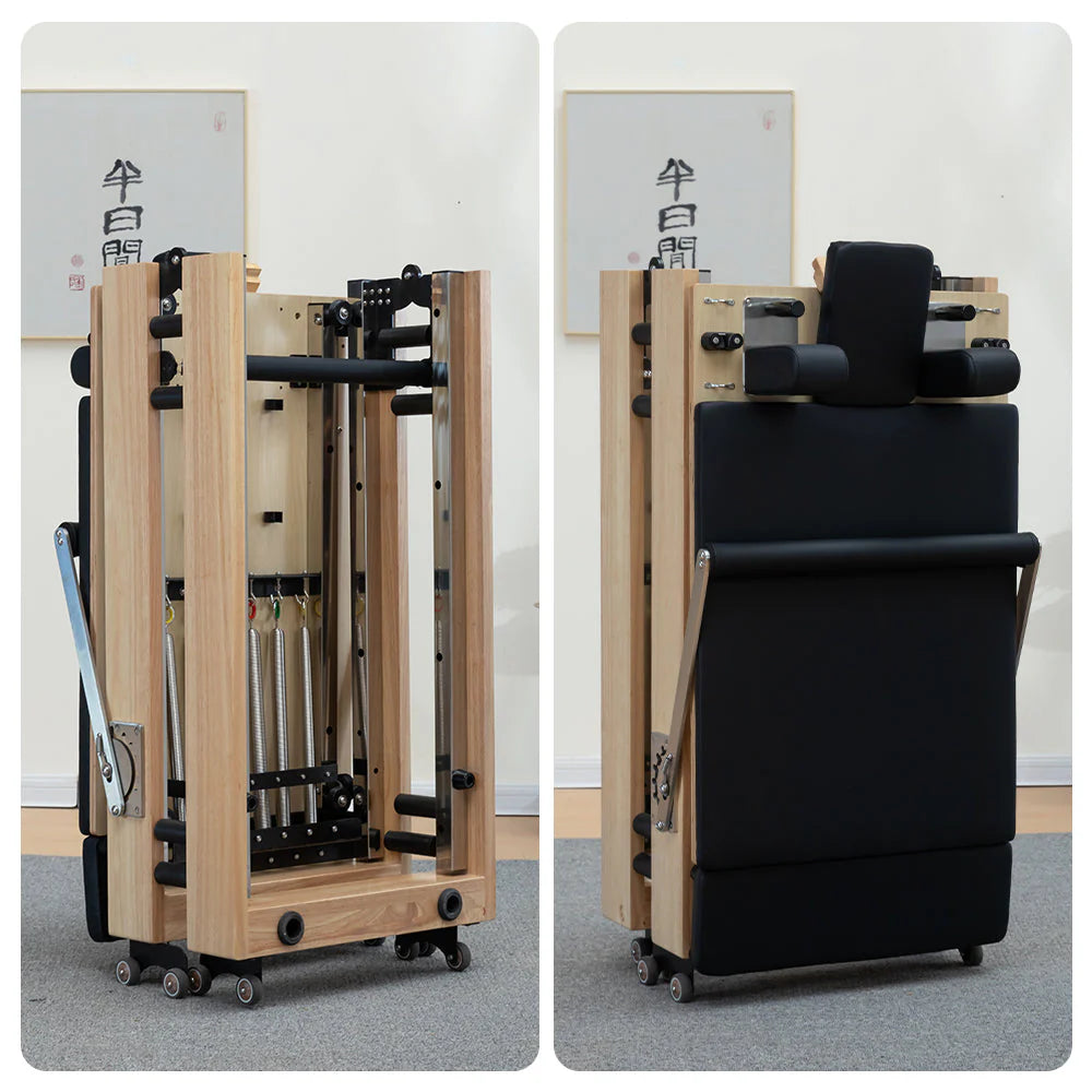 Foldable Pilates Reformer for Home Workouts, Oak Wood Frame, 6 Springs