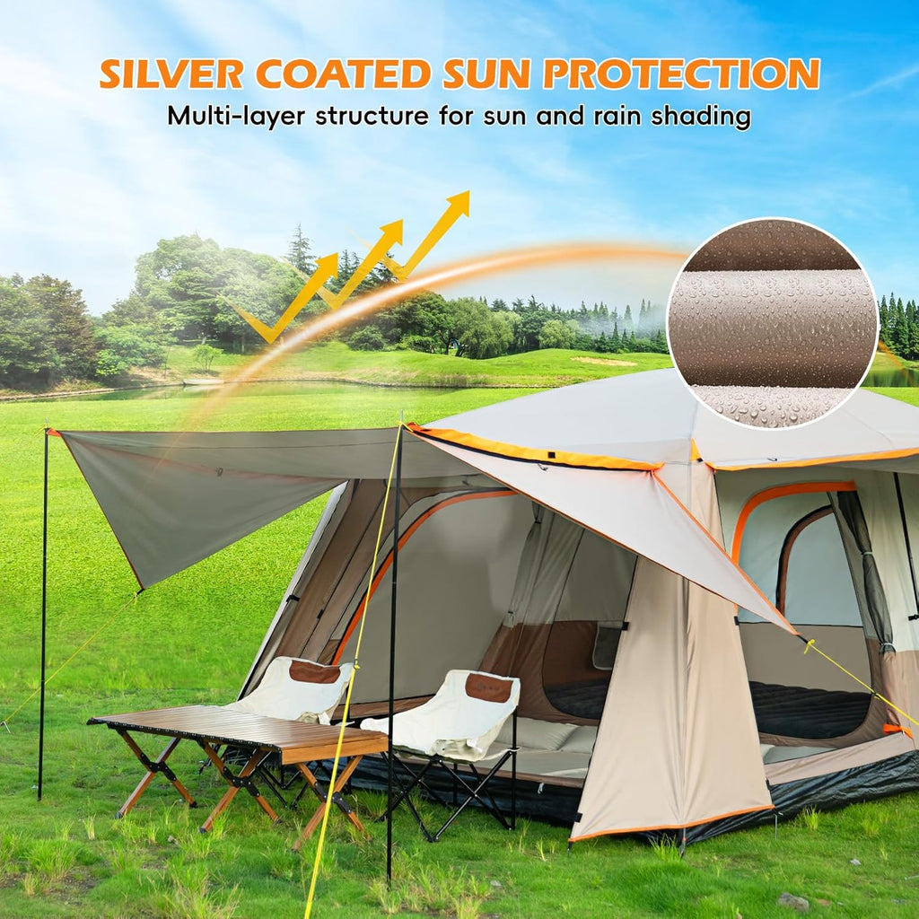 Camping Tent, 4-6 Person Family Cabin Tents, Large Waterpoof Tents for Camping Outdoor, 210D Oxford Fabric Blackout Foldable Sunburn Prevention Tent with 2 Rooms, 3 Foyers for Picnic Khaki1 pcs