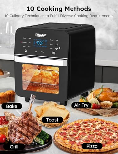 Nuwave Brio Air Fryer Oven, 15.5Qt X Large Family Size, SS Rotisserie Basket &amp;Skewer Kit, Reversible Ultra Non Stick Grill/Griddle Plate, Powerful 1800W, Integrated Smart Thermometer,Black : Home &amp; Kitchen