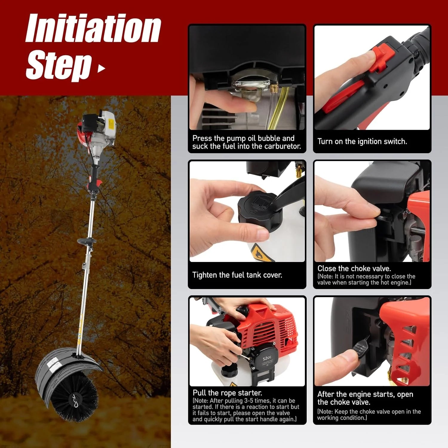 Gas Handheld Sweeper, 52cc 2Stroke 2.3HP Engine Power Snow Sweeping Broom Driveway Turf Lawns Artificial Grass Power Brush Lawn Sweeper Cleaner Tools1 pcs