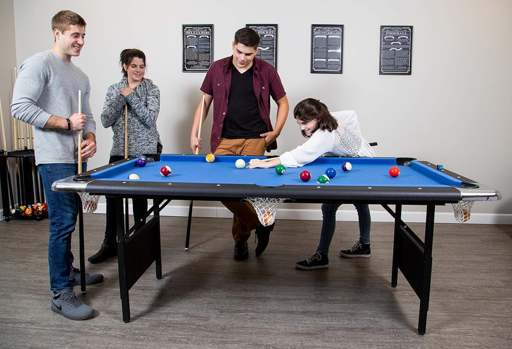 Fairmont 6 Ft Portable Pool Table, Adults Folding Billiards Tables for Game Room with Easy Foldable Storage, Includes Full Set of Billiard Balls, Cues, Chalk & Brush