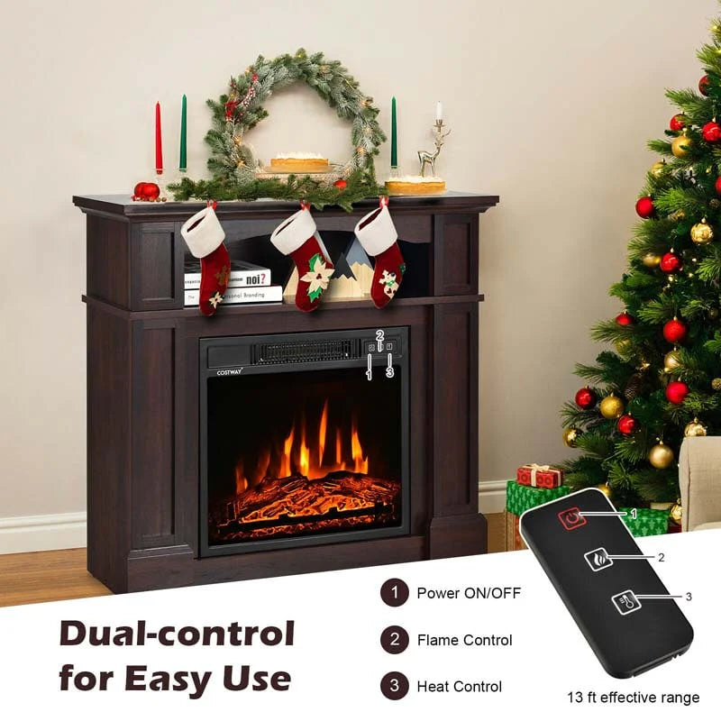 32" Electric Fireplace Mantel, Freestanding Wooden Surround Firebox with 1400W Fireplace Heater, Remote, Thermostat, 6H Timer