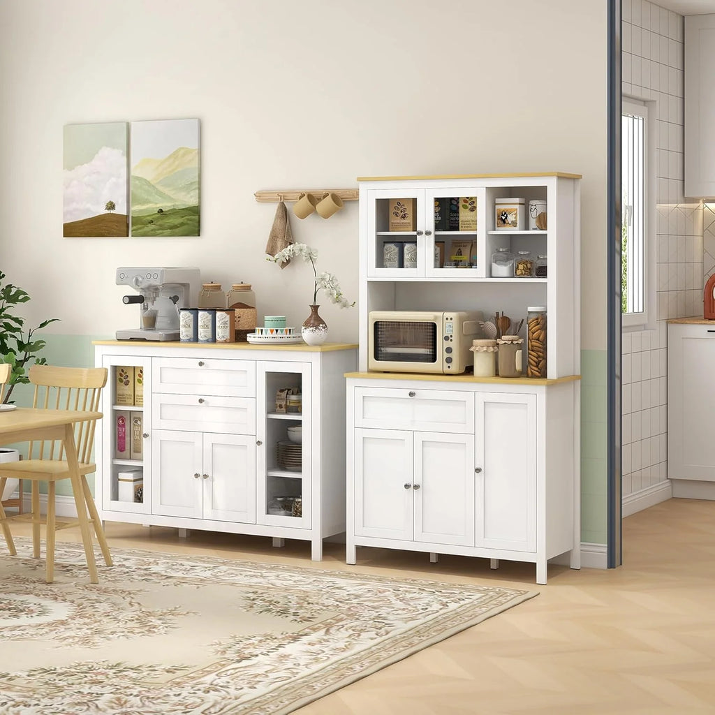 Sideboard Buffet Cabinet with 2 Drawers 3 Storage Cabinets, Coffee Bar Cabinet with Glass Doors, Kitchen Cabinet with Adjustable Shelves, Oak White1 pcs