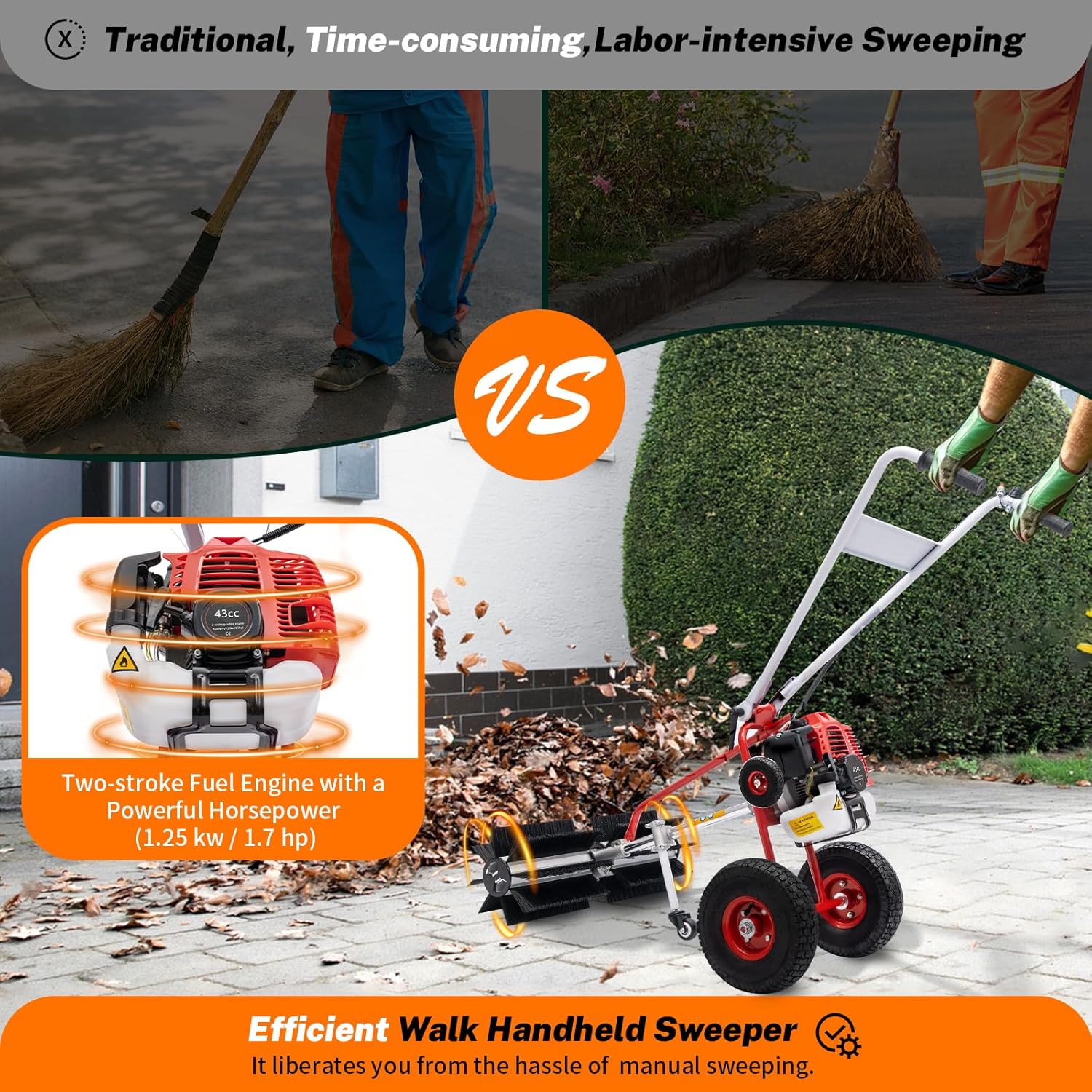 Handheld Sweeper Broom, 43CC 1.7hp 2-Stroke Gas Power Walk Behind Sweeper Lawn Mowers, Cleaning Brush Machine for Park Garden Grassland Turf Grass Gravel Cleaning1 pcs